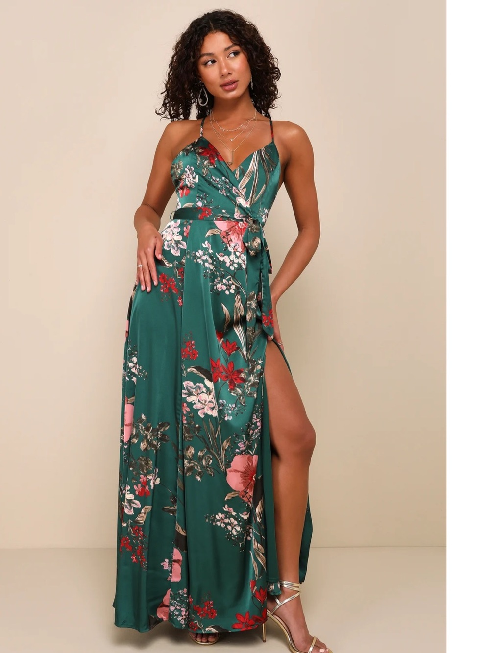 Lulus Still the One Emerald Green Floral Print Satin Backless Maxi Dress Event